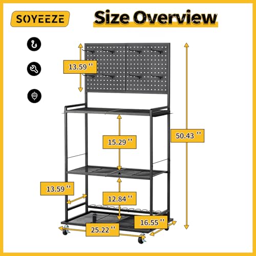 SOYEEZE Large Size Fishing Rod Holders for Garage, 3-Tier Fishing Pole Rack with Pegboard and Hooks, Fishing Gear Tackle Box Organizer Up to 12 Rods, Rolling Fishing Storage Cart with Lockable Wheels
