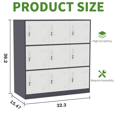 WISUNO 9 Doors Metal Lockers for Employees, Steel Storage Locker with Lock and Card Slot,Lockable Office Metal Storage for School Office Gym Bedroom,Garage(Gray)