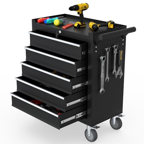 Granper 5-Drawer Rolling Tool Chest, Tool Box with 4 Wheels and Drawers, High Capacity Detachable Mobile Tool Storage Cabinet for Garage, Workshop, Mechanics and Repair Room (Black)