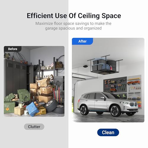 FLEXIMOUNTS 4x4FT Garage Storage Rack Overhead, Adjustable Ceiling Storage Racks, Metal Garage Organization System with 350LBS Weight Capacity(Black), Classic Series