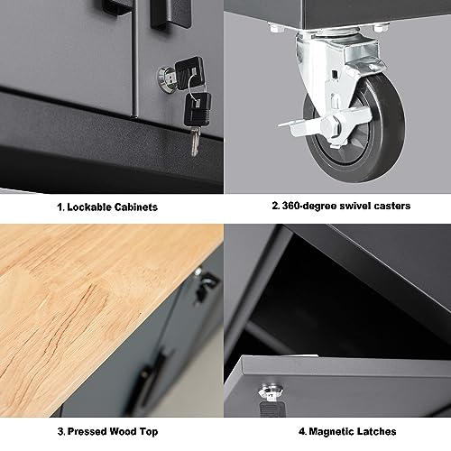 TCE Heavy Duty 12 Piece Garage Storage System: Metal Organization Workbench and 4-Drawers Rolling Cabinet, Black/Grey