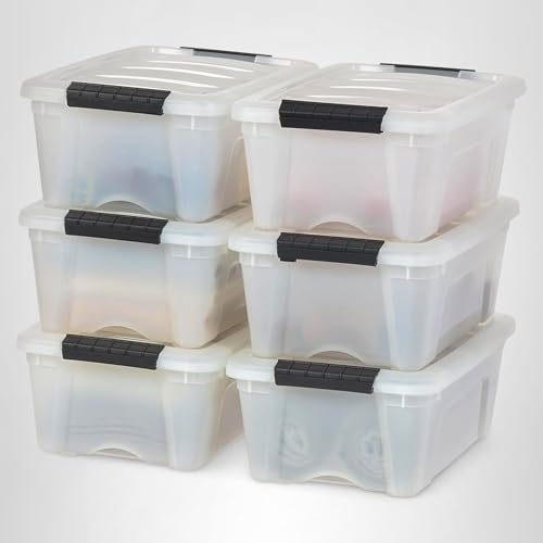 IRIS USA 13 QT Plastic Storage Box with Lid and Latches - 6 Pack - BPA-Free, Discreet Organizing Solution, Durable Nestable Stackable Containers, Secure Pull Handle - Pearl