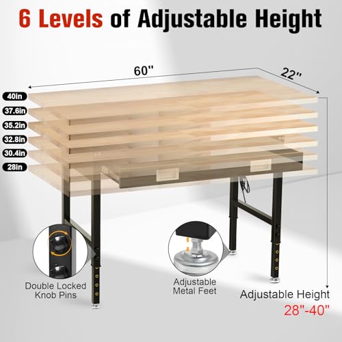 MUWOOD 60" Workbench with Drawers, Work Benches for Garage with Strip Light, Adjustable Work Table with Large Pegboard, 2000 LBS Heavy Duty Table with Power Outlet Rubber Wood for Garage, Office