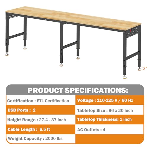 Betterhood 96" Adjustable Workbench, 5000 LBS Heavy Duty Work Table with Power Outlets & Pegboard, Rubber Wood Workstation for Garage, Workshop, Office, Home, Commercial