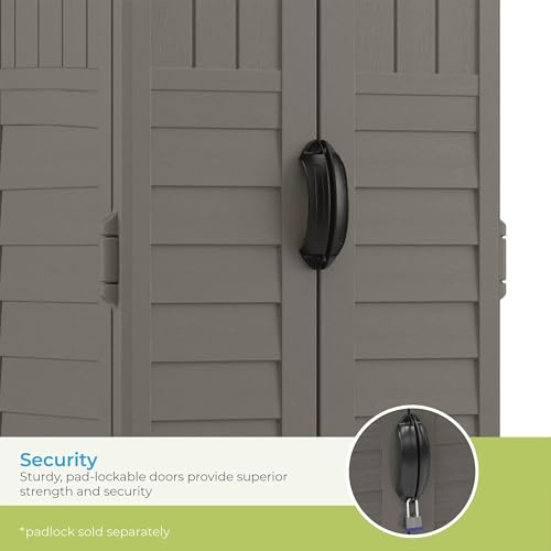 Suncast 22 Cubic Ft. Vertical Resin Outdoor Storage Shed with Lockable Double Doors, Weather-Resistant Multi-Wall Panels, Stoney