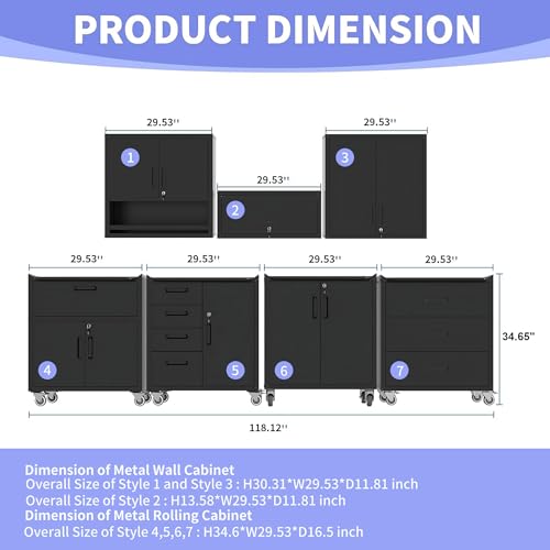 EKJ Garage Storage Cabinet System 6pcs Heavy Duty Workshop Set Wall Cabinet Lockable Rolling Tool Cabinets with Adjustable Shelves Metal Garage Storage Cabinets