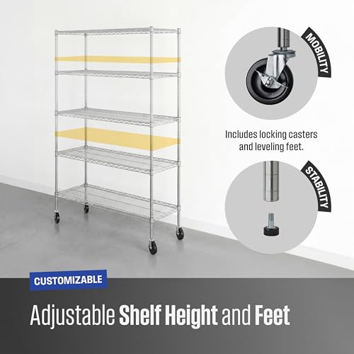 SafeRacks - NSF Certified Storage Shelves, Zinc, Heavy Duty Steel Wire Unit with Wheels and Adjustable Feet, Garage or Bakers Rack, Kitchen, Pantry Shelf - (18"x48"x72" 5-Tier) (Silver)