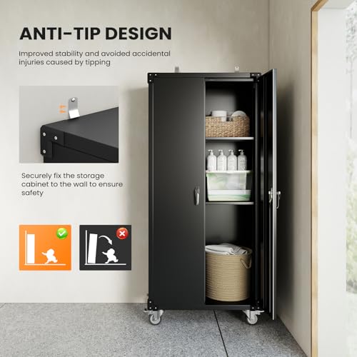 DUMOS 72" Metal Garage Storage Cabinet with Wheels, Tall Rolling Steel Tool Cabinet with Adjustable Shelves and Locking Doors, Lockable File Cabinet for Garage, Home, Office, Warehouse, Black