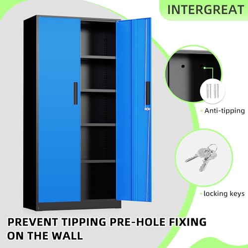 Bonusall 72" Metal Garage Storage Cabinet, 2 Locking Doors & 4 Adjustable Shelves Tall Storage, Heavy Duty Steel Tool Cabinet for Home, Office, Warehouse, School - Black Blue