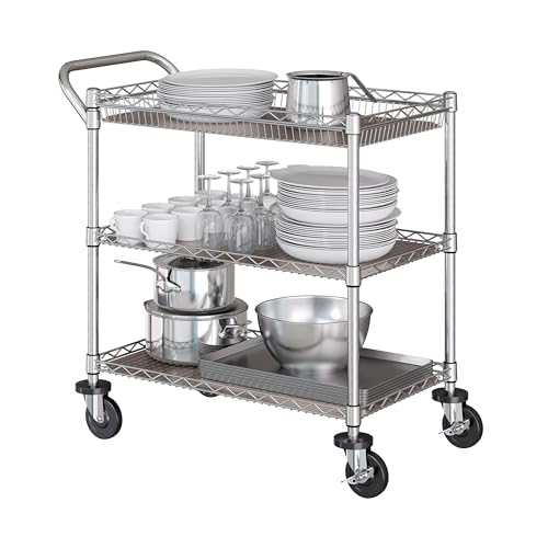 Seville Classics UltraDurable NSF Commercial Heavy Duty Metal Rolling Utility Cart, w/ Steel Shelves, Handle Bar for Restaurant, Garage, Warehouse, Kitchen, Office, Top Basket 35.5"W x 20.25"D, Chrome