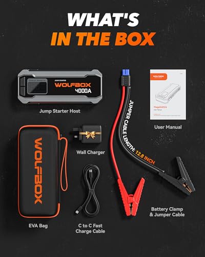 WOLFBOX 4000A Jump Starter,12V Car Battery Jumper Starter Portable with 65W Quick Charger,LED Display,88.8Wh Booster Jump Box Pack (10L Gas 10L Diesel Engine) with LED Light,Jumper Cables, Silver