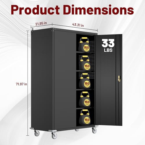 Reykilor Tall & Wide Metal Garage Storage Cabinet with 4 Adjustable Shelves, 43''W x 22''D x 72''H with Wheels & Pegboards, Heavy Duty Lockable Garage Cabinet for Warehouse, Basement, Office, Gym