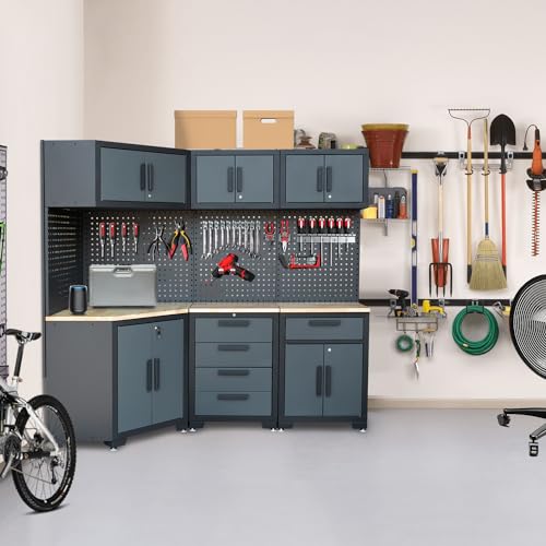 HPDMC Corner Workshop Set - Garage Cabinets and Storage System with Corner Cabinet, Cabinet Drawers, Workbench, Pegboard for Tool Organization - Black and Grey