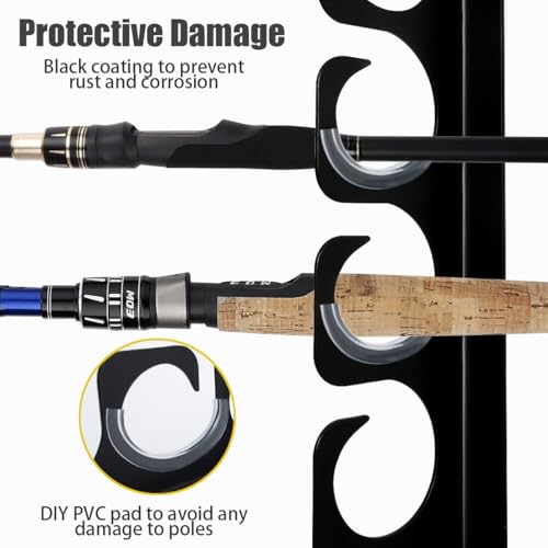 Wall Mounted Fishing Rod Rack Holder Ceiling Storage Hook Hanger Display Metal Horizontal Rack Oranizer Poles Steel Racks Holds up to 16 Rods with Soft Protective Pad for Garage Cabin and Basement
