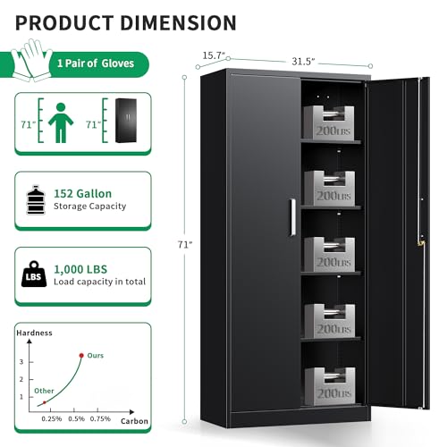 Tivostaral Metal Garage Storage Cabinet with Doors and Adjustable Shelves, 71" Tall Locker Organizer Steel Garage Cabinets, Lockable File Cabinet for Home, Office, Warehouse, Tools