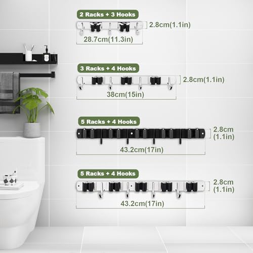 AceMining 5 Racks and 4 Hooks Mop and Broom Holder Wall Mount, Broom Organizer Storage Tool Racks Stainless Steel Heavy Duty Hooks Self Adhesive Solid Non-slip for Home Kitchen Garden Laundry Garage