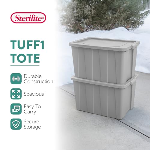 Sterilite Tuff1 30 Gallon Plastic Stackable Temperature and Impact Resilient Basement/Garage/Attic Storage Tote Container Bin with Lid, Gray (16 Pack)