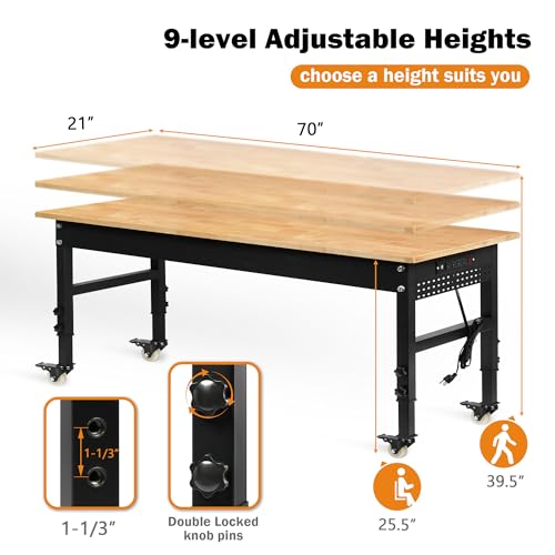 Betterhood 70" Adjustable Workbench on Wheels, 2000 LBS Heavy Duty Work Table with Power Outlets & Pegboard, Rubber Wood Workstation for Garage, Workshop, Office, Home, Commercial