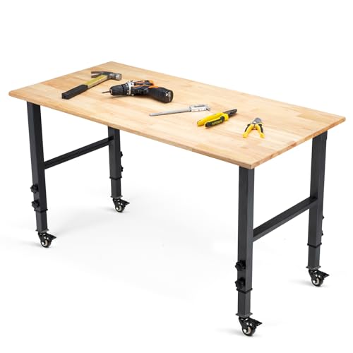 OLBRUS 48 "Adjustable Wheels Workbench, Heavy Duty 2000 LBS Load Capacity Hardwood Workbench Suitable for Workshop, Office, Garage, Home (Metal Wheels丨No Power Outlets 48"x24")
