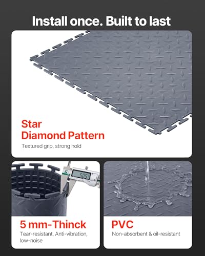 VEVOR Garage Floor Tiles 20.2 x 20.2 x 0.2 inch, Interlocking Ease of Installation Diamond Plate Slip-Resistant Texture Non-Slip Sturdiness, for Garages, Warehouse, Tool Room, Graphite Gray, 16 Pack