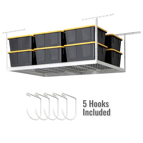 SafeRacks 4 ft x 8 ft Overhead Storage Rack Adjustable 24 in - 45in Height (White) With Accessory Pack With 5-Piece Hook Accessory Pack