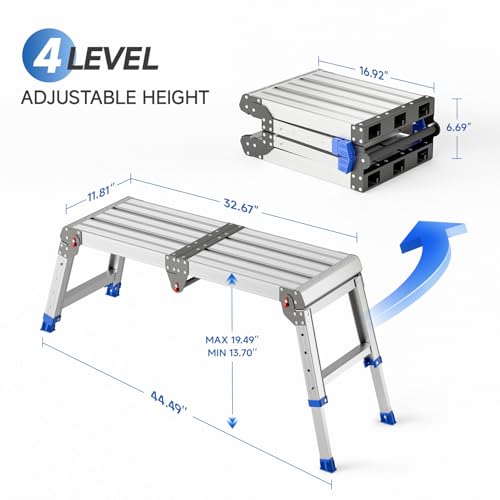 Loyoda Folding Work Platform for Adults, Aluminum Foldable Step Stool Adjustable Height, Lightweight and Durable Portable Outdoor Aluminum Step Ladder, Maximum Load Capacity of 500 Pounds.