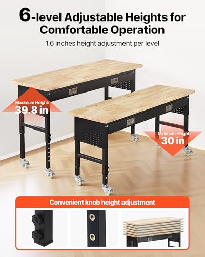 VEVOR 60-inch Adjustable Workbench, 1500 lbs Load Capacity, Garage Workbench with Drawer, Power Outlet, Wheels, and Pegboard, Heavy Duty Oak Wood Top Work Table for Garage, Workshop, Office, and Home