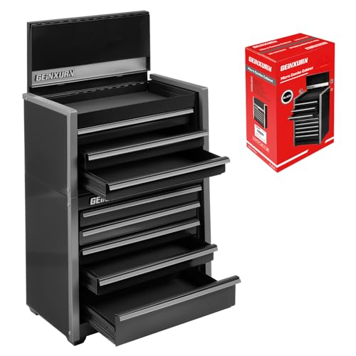 Geinxurn 8-Drawer Rolling Black Tool Box, Heavy Duty Micro Roll Cab Steel Stackable Tool Chest with Lockable Drawers, 2-in-1 Large & Compact Combo Set (3-Drawer + 5-Drawer) for Garage, Workshop