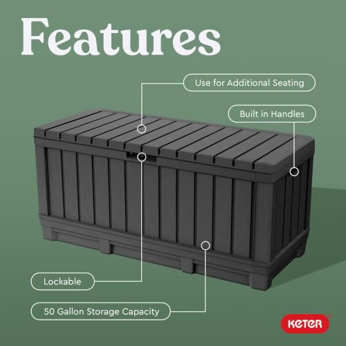Keter Kentwood 92 Gallon Resin Deck Box-Organization and Storage for Patio Furniture Outdoor Cushions, Throw Pillows, Garden Tools and Pool Floats, Dark Grey
