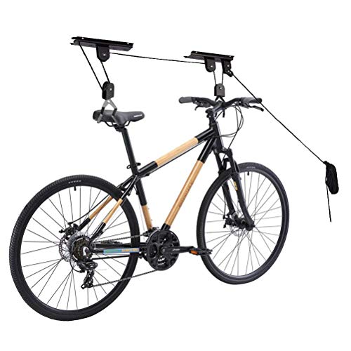 Ihomepark Bike Hoist for Garage Ceiling Storage, Heavy Duty Bicycle Lift Mountain Bicycle Hanging Rack with 3 Pulley and 45 ft Adjustable Rope | 100 lb Capacity