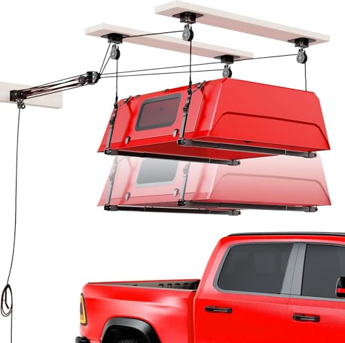 Pacikwest Truck Cap Hoist System for Garage Ceiling 250 lb, Smart 4-Point Self-Leveling Garage Hoist with 8:1 Pulley Lift System, Easy One-Person Overhead Garage Storage Lift for Truck Topper Rack