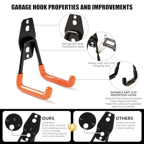 CRXCRC Garage Hooks, 4 Pack 7.7inch Large Square Wall Hooks for Hanging Heavy Duty Ladders, Bikes, Tools Ideal for Garage, Garden, Basement Utility Room Storage (Black)