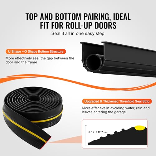 VEVOR Garage Door Threshold and Bottom Seals Kit, 16 FT U Shape+O Ring Universal Garage Door Bottom Seal Weatherstrip PVC, Combine with Weatherproof Garage Threshold Seal Strip with Adhesive, Black