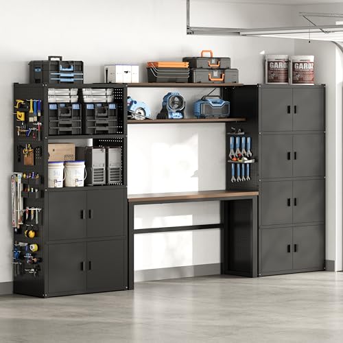 FLEXIMOUNTS Garage Storage Cabinet System, 3-in-1 Modular Metal Tool Cabinet w/ Workbench and Metal Board Shelf Includes Pegboard, 24-Gauge Steel, 117"(L) w/ 6 Doors, Black, FLEXIMOD Series