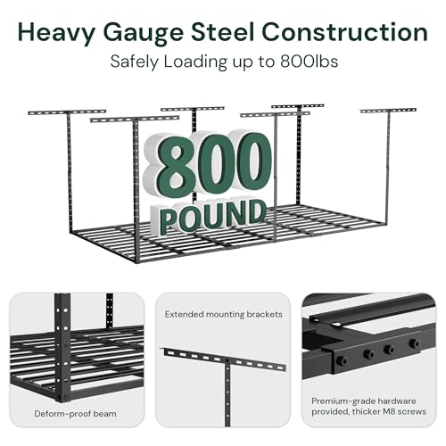 SunsGrove 4x8 Overhead Garage Storage Rack Organization, Adjustable Ceiling Mounted Storage Racks, 800LBS Weight Capacity, 22"-40" Ceiling Dropdown, Hammertone Black