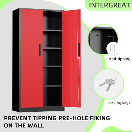 Bonusall 72" Metal Garage Storage Cabinet - 900lbs Heavy Duty Steel Cabinet with 3-Point Locking System & 4 Adjustable Shelves, Lockable Tall Storage for Garage, Office, Warehouse - Black & Red