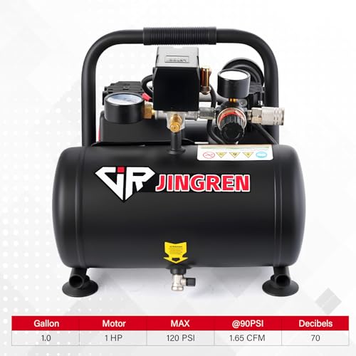 JIR JINGREN 1HP Quiet Air Compressor,1 Gallon Steel Tank, 1.65CFM @ 90PSI Oil Free Air Compressor & Max. 120PSI Pressure for Tire Inflation,Nailing,Home DIY Project(With Accessories Kit)