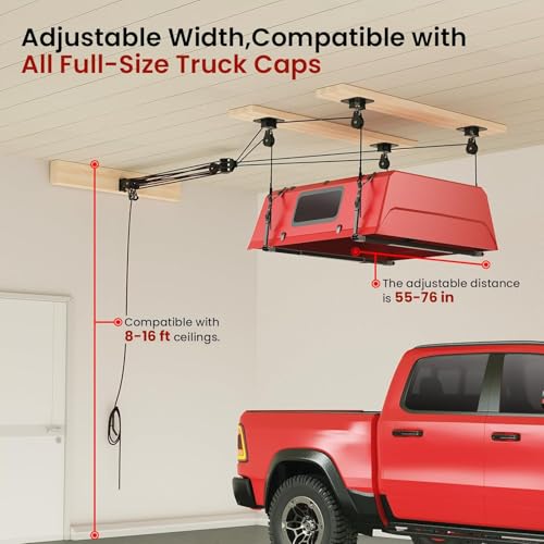 Pacikwest Truck Cap Hoist System for Garage Ceiling 250 lb, Smart 4-Point Self-Leveling Garage Hoist with 8:1 Pulley Lift System, Easy One-Person Overhead Garage Storage Lift for Truck Topper Rack