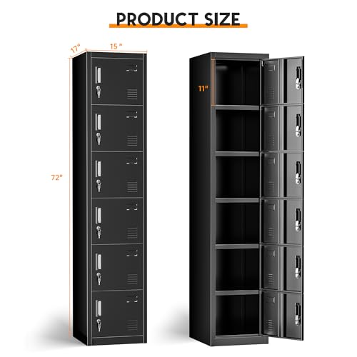 INTERGREAT 6 Door Storage Lockers for Employees, Metal Office Gym Lockers with Lock, Lockable Steel School Locker Organizer with Shelf and Card Slot for Home, Garage, Black