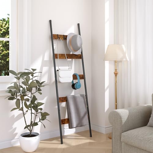 HOOBRO Blanket Ladder, 5-Tier Towel Rack with Hooks, Wall-Leaning Blanket Rack, Decorative Display Ladder Shelf, for Scarves, Industrial, Living Room, Bedroom, Rustic Brown and Black BF52CJ01