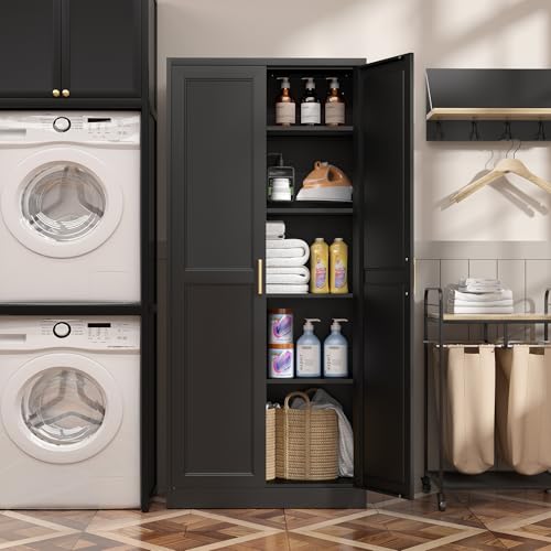 SteeLoong Kitchen Pantry Cabinet,71”Black Metal Pantry Storage Cabinet with Doors and 4 Adjustable Shelves,Kitchen Cabinet with 2 Gold Handles,Tall Cabinet for Livingroom,Pantry, Bathroom