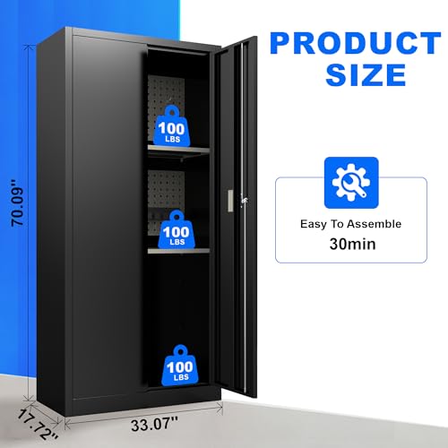 Marcree Metal Storage Cabinet with Digital Lock, 70" Tall Locker with Alarm System, Black File Storage Cabinet with Door and Adjustable Shelves, Pegboard, Hooks, Gun Rack for Home Garage Office