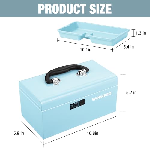 WORKPRO 10.8" Portable Mini Metal Tool Box with Removable Color-Matching Tray, One-Button Latch Toolbox, Steel Tool Chest with PP Handle, Compact Storage Organizer for Home, Office or Workshop