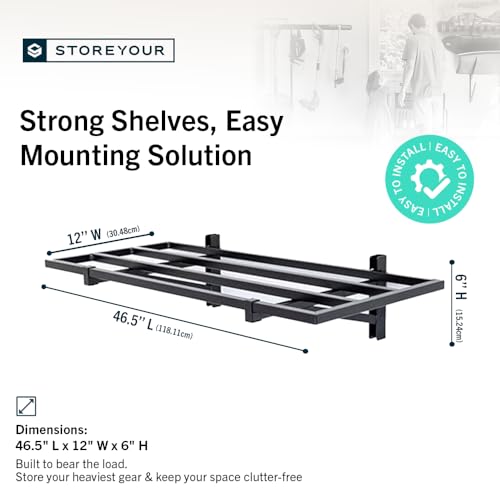 StoreYourBoard Garage Shelving Wall Mounted | 1x4 Heavy Duty Garage Wall Shelves 2-Pack, 12” Deep x 46.5” Long | Steel Wall Shelf Garage Storage Rack with Hooks, 200 lb Each / 400 lb Total, Black