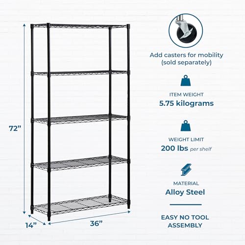 Honey-Can-Do 5-Tier Heavy-Duty Adjustable Shelves, Metal Storage Rack with 200-lb Shelf Capacity, Black, 14" W x 36" L x 72" H