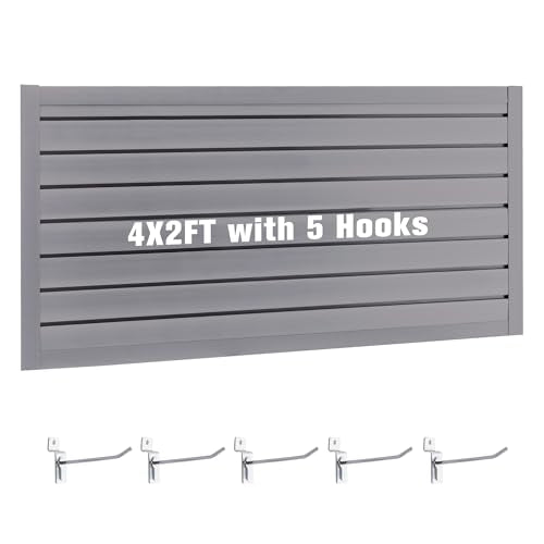 Slatwall Panel Garage Wall Organizer Storage Systems, Wall Mounted PVC Storage Rack with 5 Hooks, Interlocking Workshop Slat Wall Paneling Sheets Board Shelves Tools Organization-Grey(2’H x 4’W)