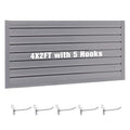 Slatwall Panel Garage Wall Organizer Storage Systems, Wall Mounted PVC Storage Rack with 5 Hooks, Interlocking Workshop Slat Wall Paneling Sheets Board Shelves Tools Organization-Grey(2’H x 4’W)