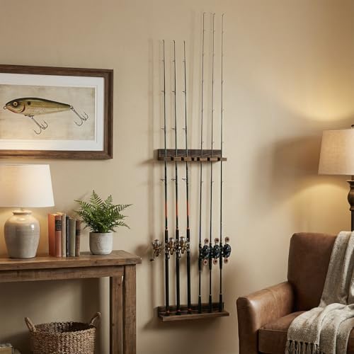 MyGift Fishing Rod Holder, Wall Mounted Burnt Wood Fishing Pole Holders for Garage, Adjustable Vertical Hanging Garage Storage Fisherman Gear Rack Holds 6 Rods, Christmas Gift