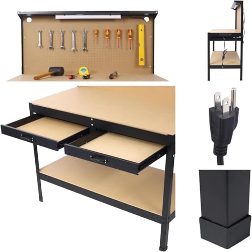 Heavy-Duty Steel Workbench with LED Light, 59'' Tool Storage Bench with Power Outlets & USB Ports, 200 lbs Capacity, Workbench with Pegboard & 2 Drawers for Garage or Workshop
