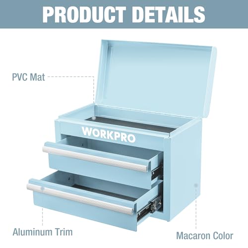 WORKPRO Metal Mini Tool Box, Top Tool Chest containing Two Drawers with Ball Bearing Slides, PVC Drawer Liners and PP Feet Pads, Durable Cold Rolled Steel Small Toolbox for Multi-Purpose Storage